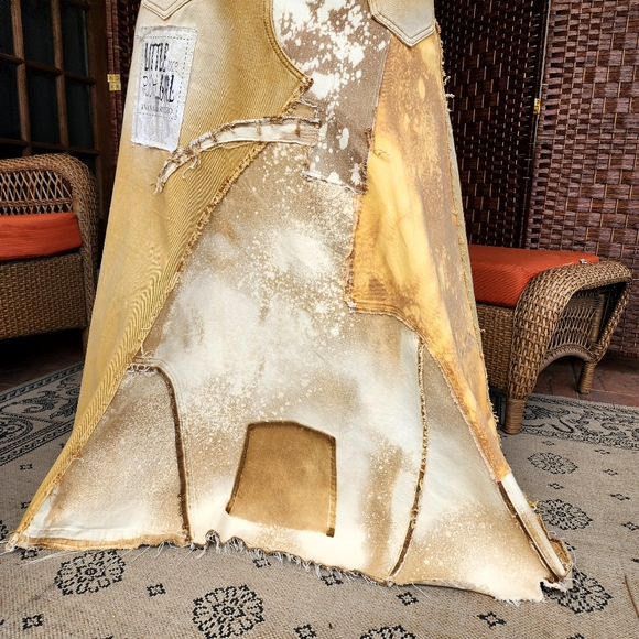 Upcycled Couture concept Designer Maxi Skirt Mustard Denim ShabbyChic - Picture 12 of 16